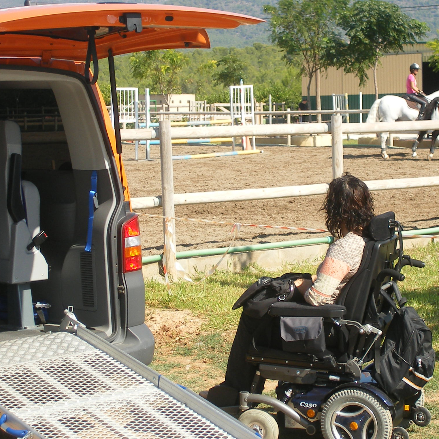 Mujer en silla de ruedas obsrvando unos caballos